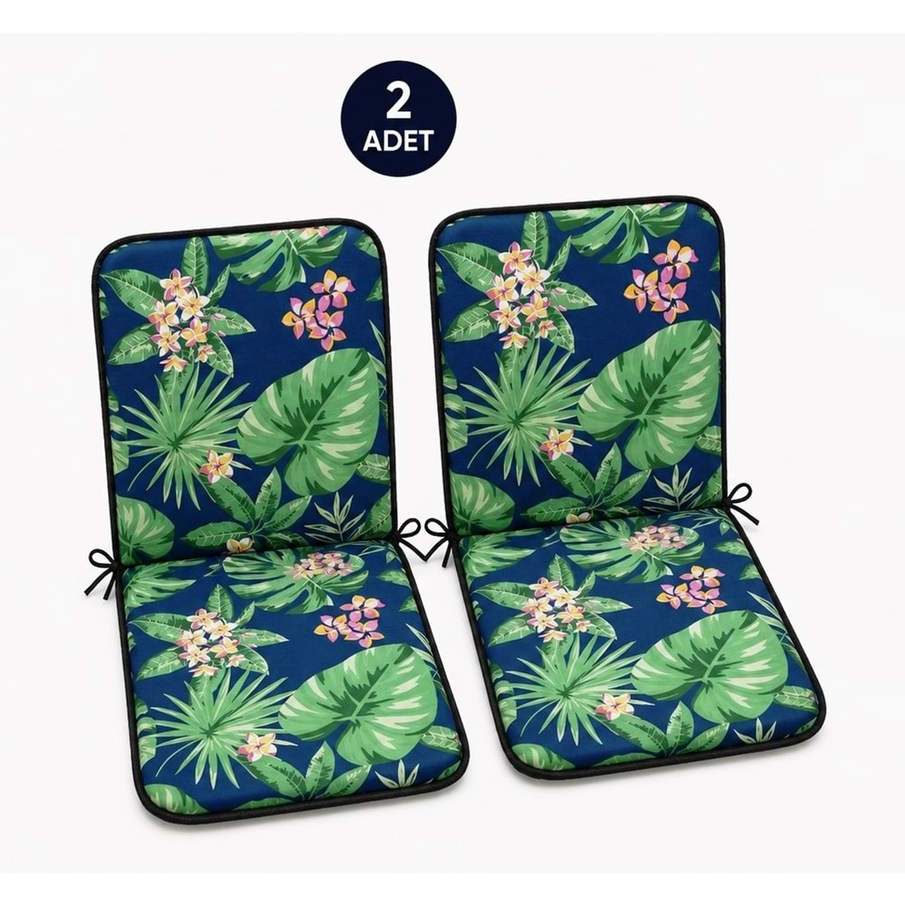2 Adet Rattan Arkalıklı Sandalye Minderi (Kalınlık 4cm)-Tropikal Yeşil