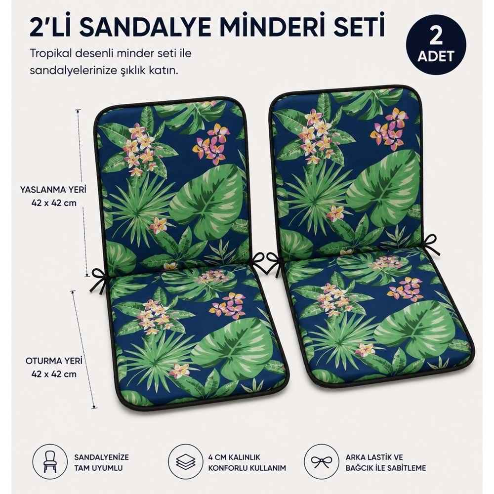2 Adet Rattan Arkalıklı Sandalye Minderi (Kalınlık 4cm)-Tropikal Yeşil