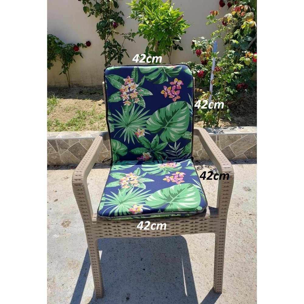 2 Adet Rattan Arkalıklı Sandalye Minderi (Kalınlık 4cm)-Tropikal Yeşil