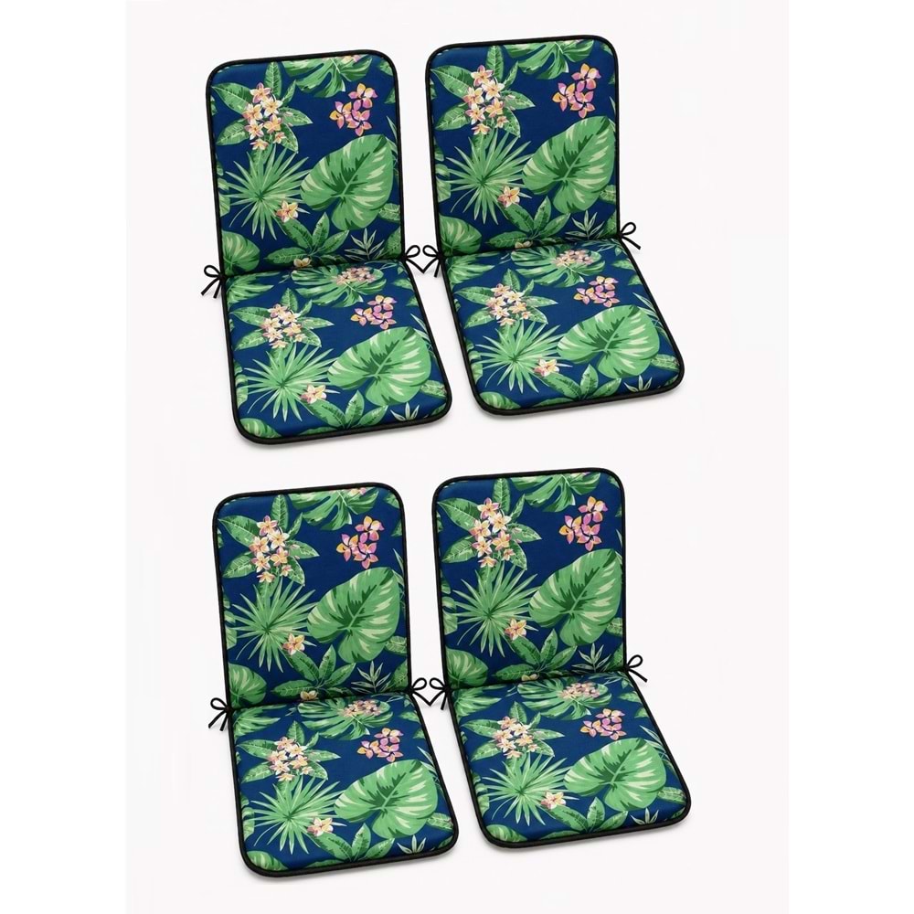 4 Adet Rattan Arkalıklı Sandalye Minderi (Kalınlık 4cm)-Tropikal Yeşil