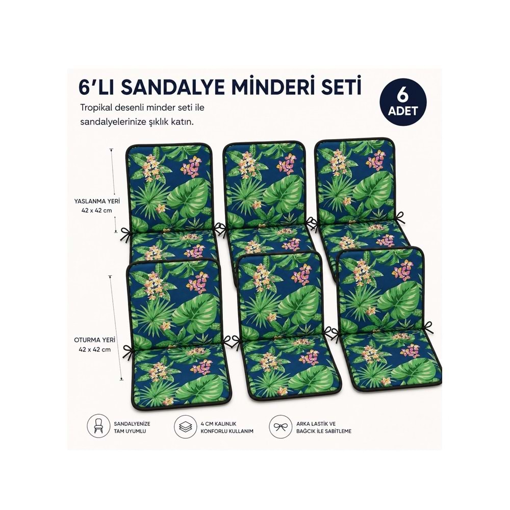 6 Adet Rattan Arkalıklı Sandalye Minderi (Kalınlık 4cm)-Tropikal Yeşil