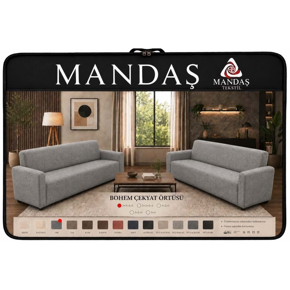 Mandaş Bohem Streç Maxi Çekyat Örtüsü Geniş Kullanım Alanlı Gri 3+3