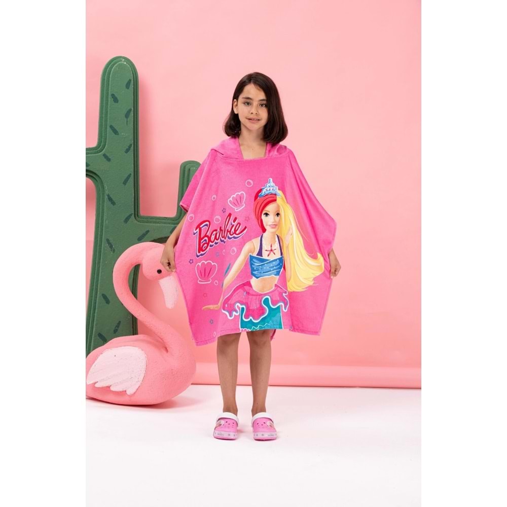 Özdilek Lisanslı -Barbie Sea Pembe- Kız Çocuk Panço Kapüşonlu