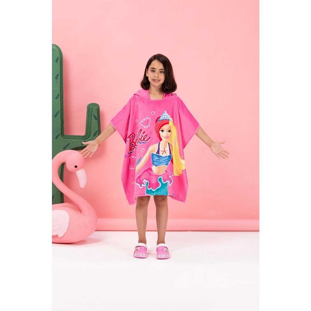 Özdilek Lisanslı -Barbie Sea Pembe- Kız Çocuk Panço Kapüşonlu