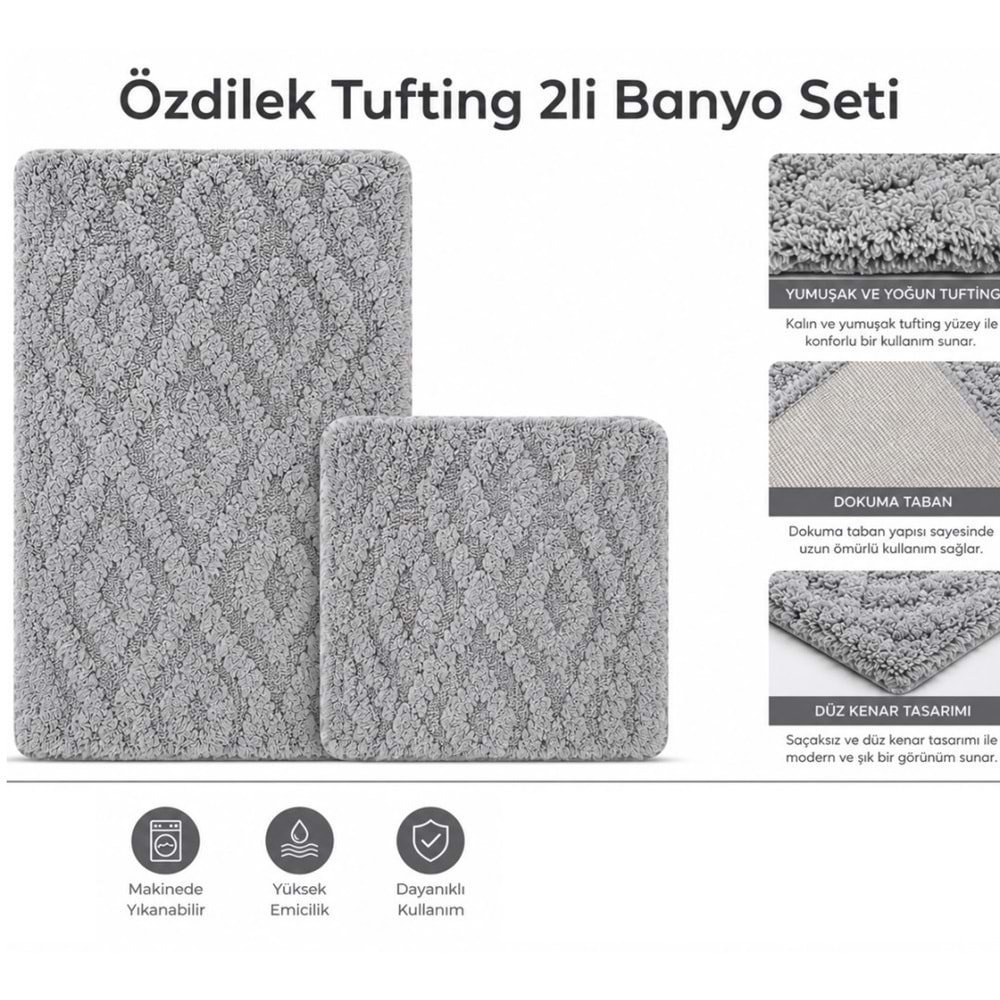 Özdilek Tufting 2li Banyo Seti, Pamuklu Paspas Takımı-Smart Gri