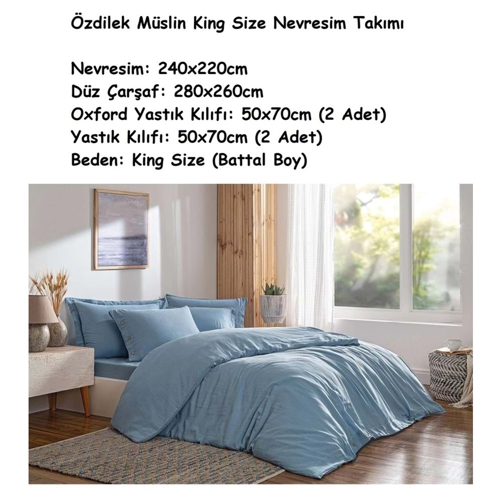 Özdilek Müslin -Nadia Mavi- Battal Çift Kişilik (King Size) Nevresim Takımı (4 Yastık Kılıflı)