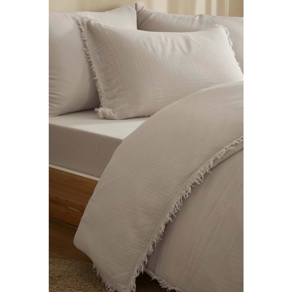 Özdilek Müslin -Sofia Bej- Lastikli Çarşaflı Battal Çift Kişilik (King Size) Nevresim Takımı