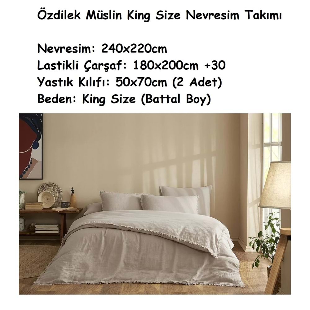 Özdilek Müslin -Sofia Bej- Lastikli Çarşaflı Battal Çift Kişilik (King Size) Nevresim Takımı