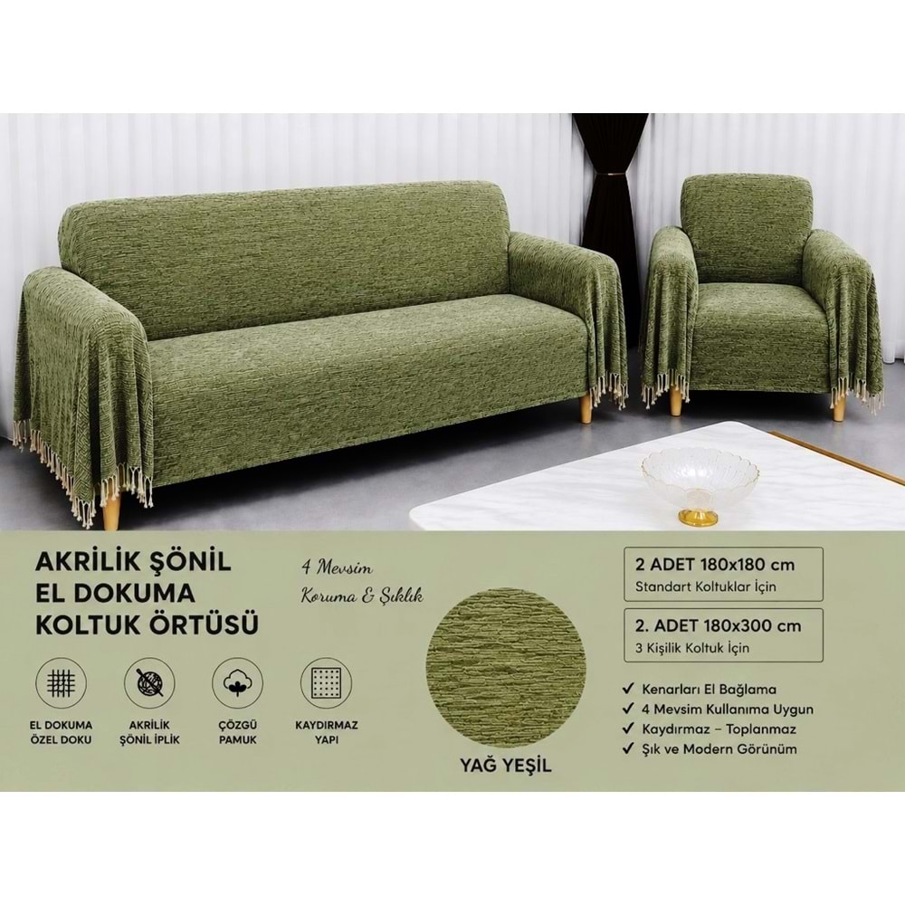 Mandaş Şönil Dokuma Koltuk Örtüsü Maxi Takım 3+3+1+1 açık yağ yeşil
