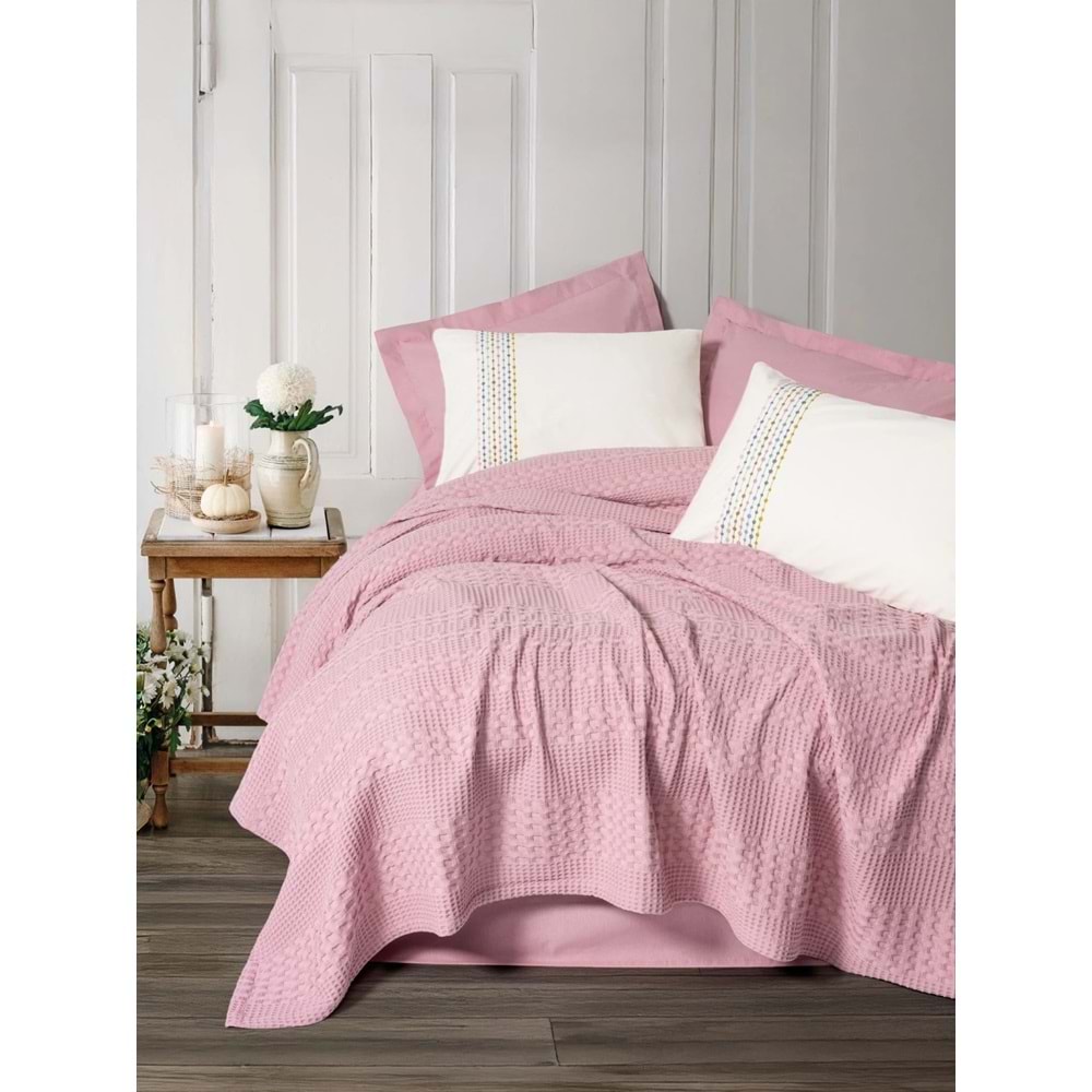 Cottonbox Aura -Pebble Pembe- Lastikli Çarşaflı Tek Kişilik Pike Takımı