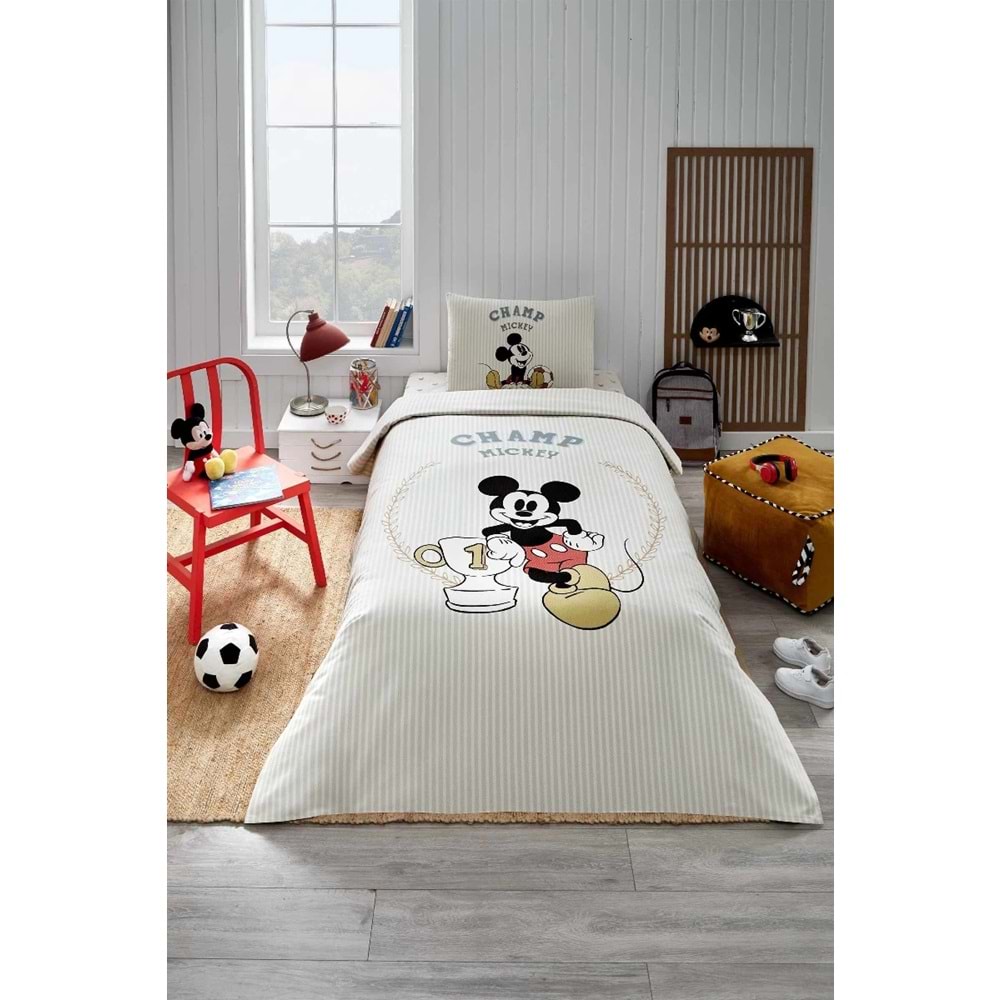 Özdilek Lisanslı Lastikli Çarşaflı Tek Kişilik Çocuk Pike Takımı-Mickey Mouse Champ Krem