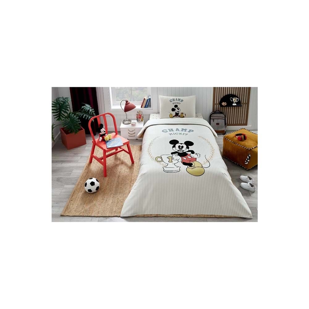 Özdilek Lisanslı Lastikli Çarşaflı Tek Kişilik Çocuk Pike Takımı-Mickey Mouse Champ Krem