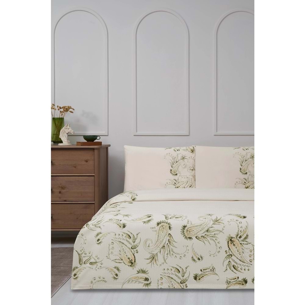 Özdilek Rf -Paisley Wind Bej- Lastikli Çarşaflı Çift Kişilik Pike Takımı