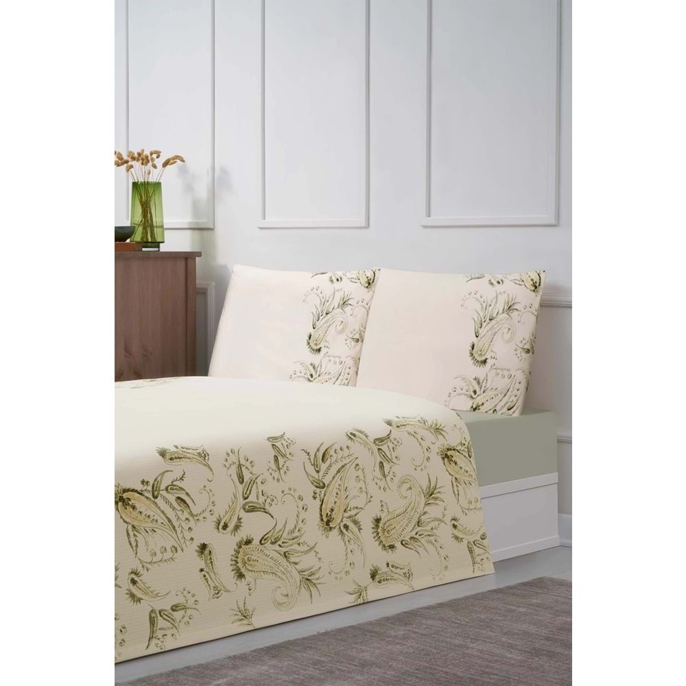 Özdilek Rf -Paisley Wind Bej- Lastikli Çarşaflı Tek Kişilik Pike Takımı