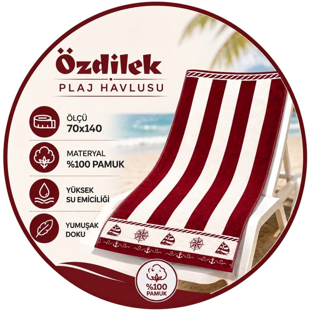 Özdilek 2li Set -Pusula Bordo Lacivert- Plaj Havlusu (70x140)