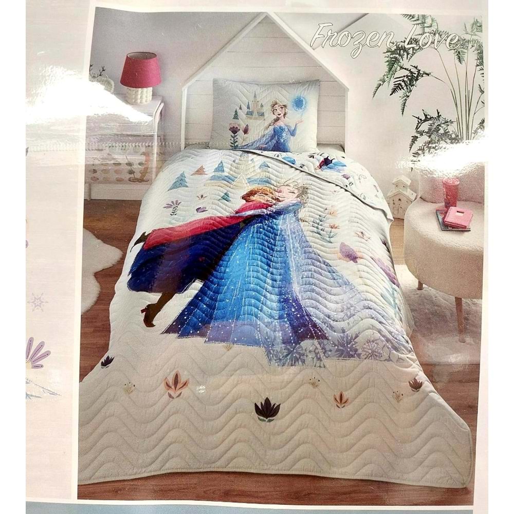 Özdilek Lisanslı Kapitoneli Pike %100 Pamuk Tek Kişilik Çocuk Yatak Örtüsü (160x230)-Frozen Love Krem