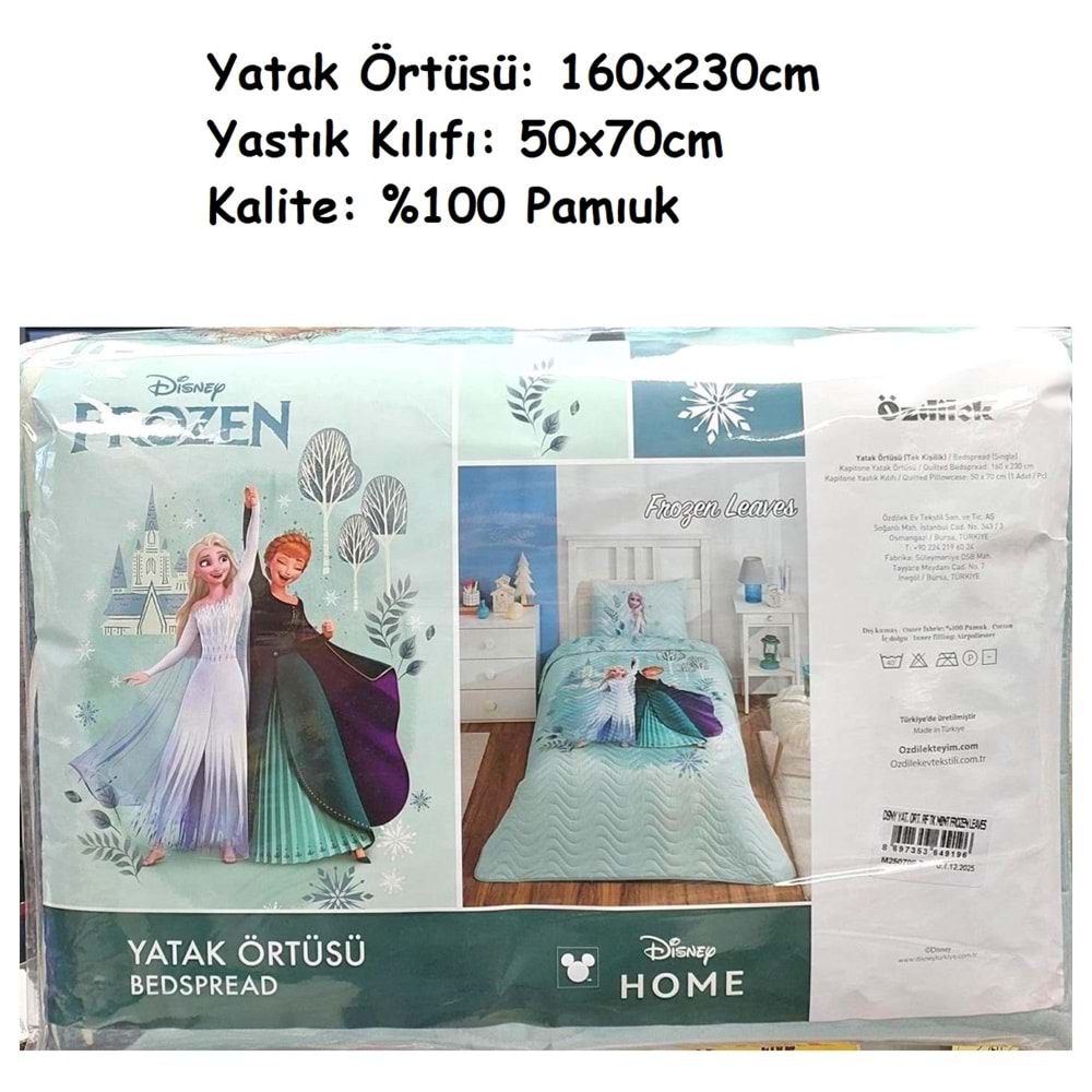 Özdilek Lisanslı Kapitoneli Pike %100 Pamuk Tek Kişilik Çocuk Yatak Örtüsü (160x230)-Frozen Leaves Mint
