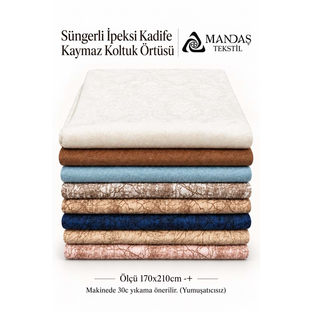 Süngerli İpeksi Kadife Kaymaz Koltuk Örtüsü (170x210) - Damarlı Kreme Kahve