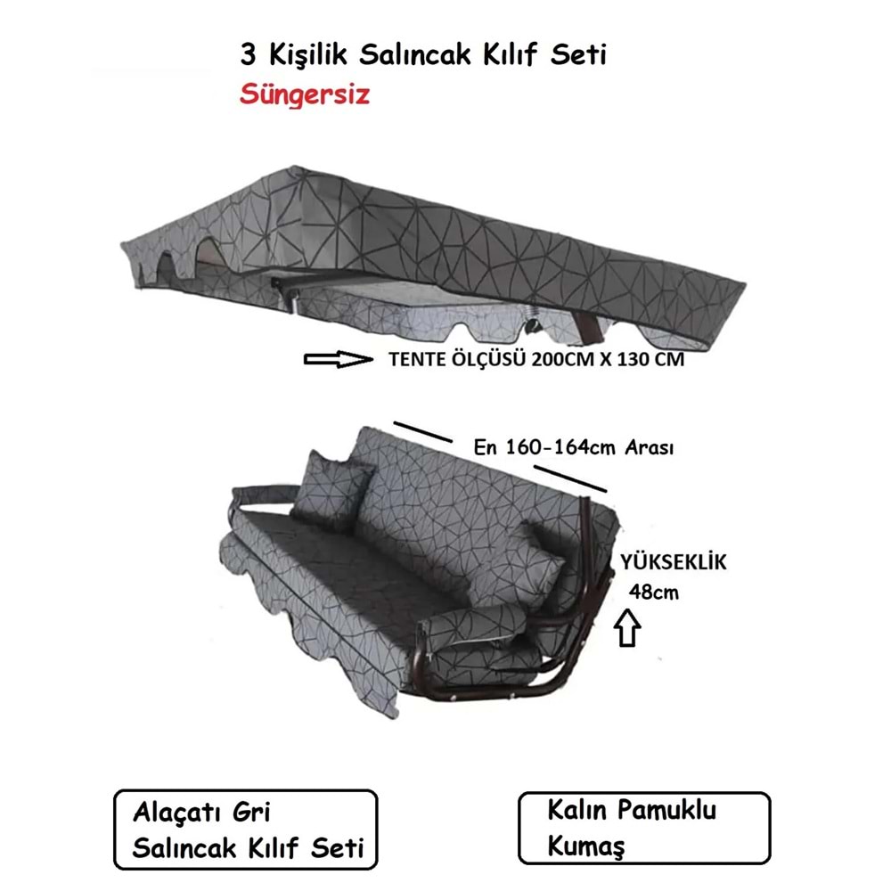 Süngersiz 3 Kişilik Salıncak Minder Seti (Kalın Pamuklu Kumaş)-Alaçatı Gri