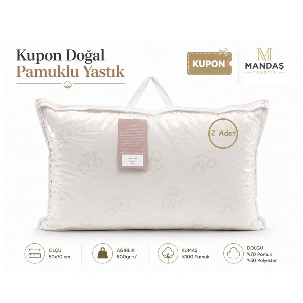 Kupon 2li Doğal Pamuklu Yastık 2x800gr Çantalı (50x70)