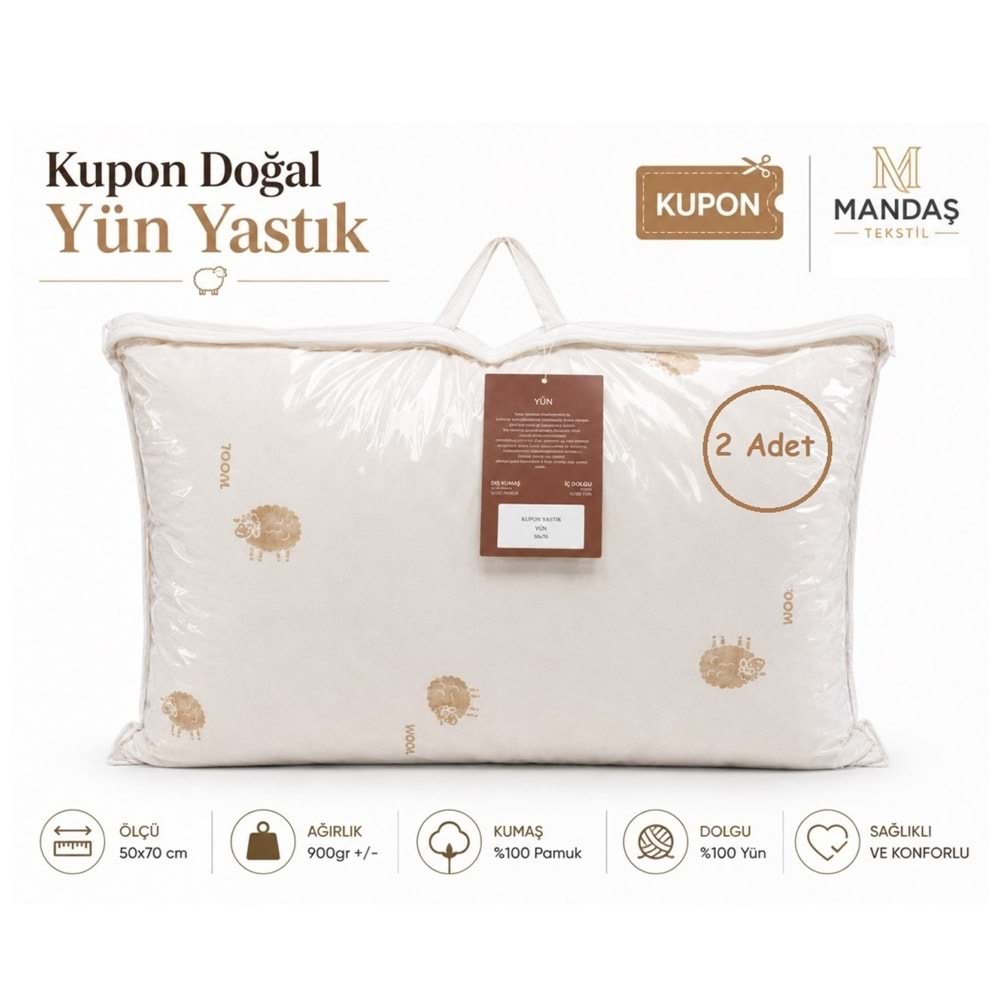 Kupon 2li Doğal Yün Yastık 2x900gr Çantalı (50x70)
