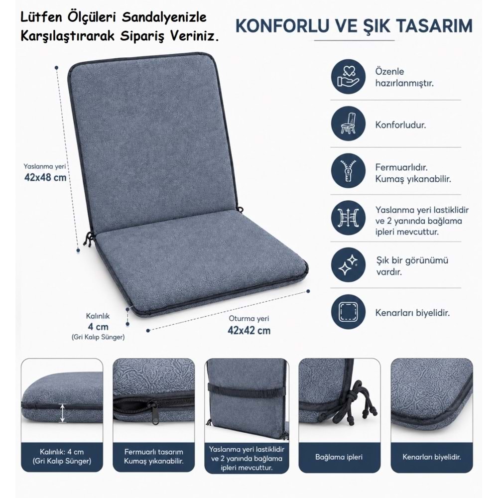 2 Adet Rattan Arkalıklı Sandalye Minderi (Kalınlık 4cm)-Primer Koyu Gri Yeni