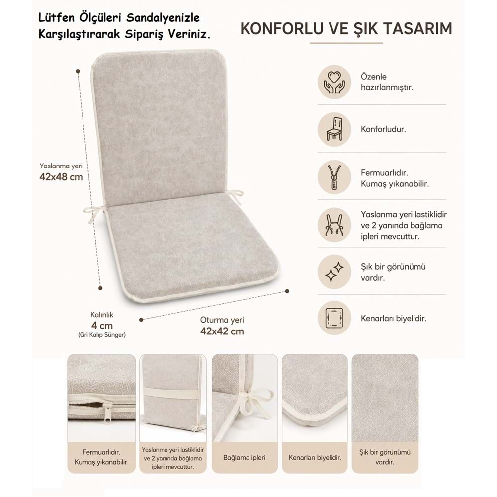 6 Adet Rattan Arkalıklı Sandalye Minderi (Kalınlık 4cm)-Primer Bej Yeni