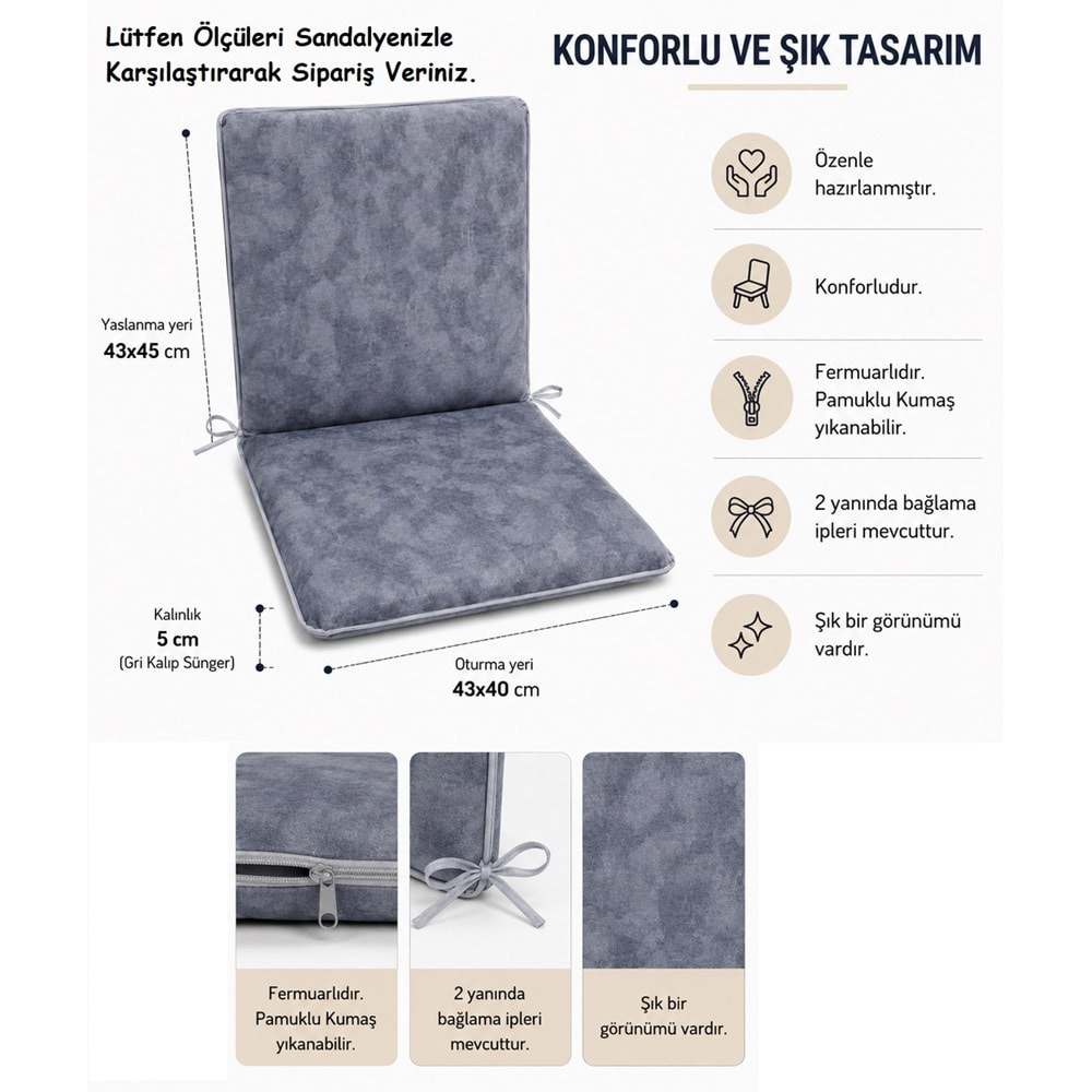 4 Adet Komutan Arkalıklı Sandalye Minderi, Extra Kalın (Kalınlık 5cm)-K.Gri Efektli Yeni