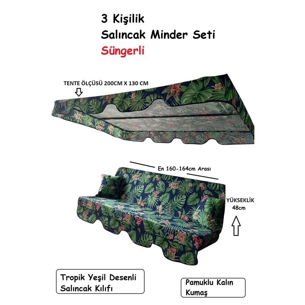 Süngerli 3 Kişilik Salıncak Minder Seti (Kalın Pamuklu Kumaş)-Tropik Yeşil