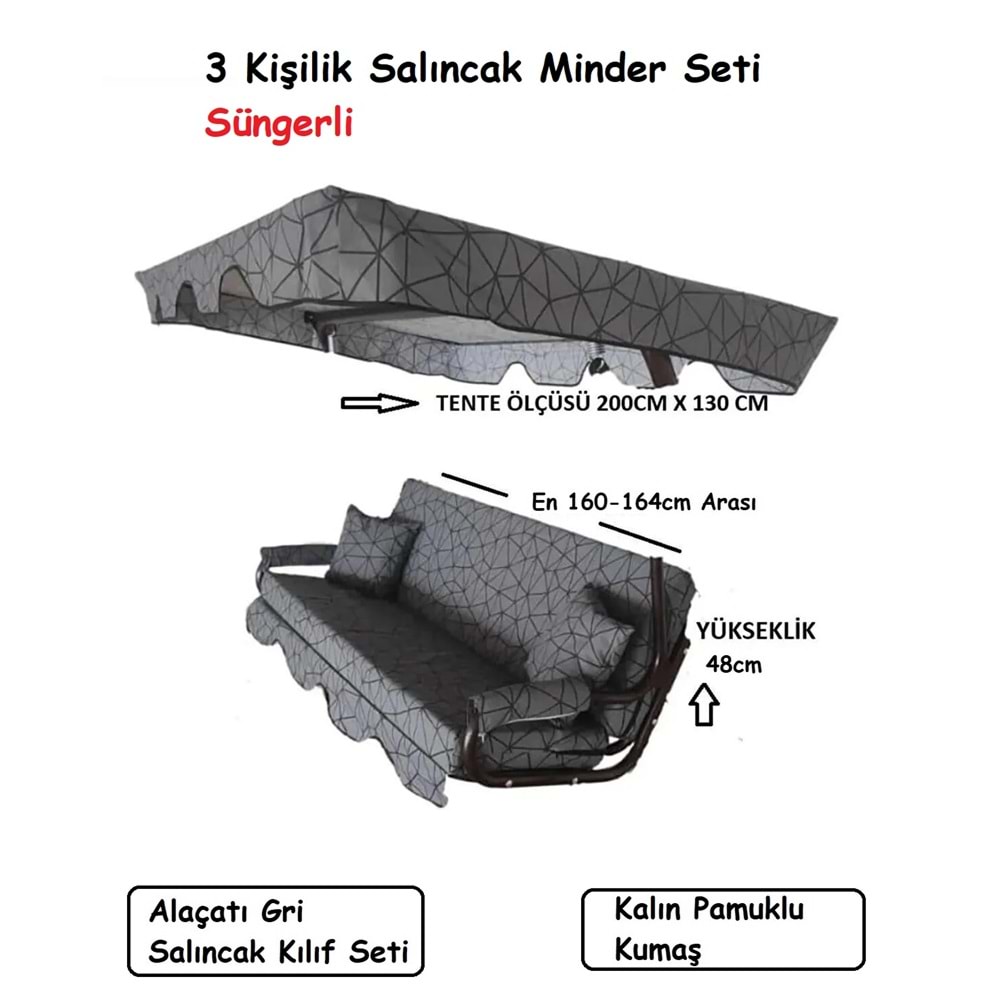 Süngerli 3 Kişilik Salıncak Minder Seti (Kalın Pamuklu Kumaş)-Alaçatı Gri
