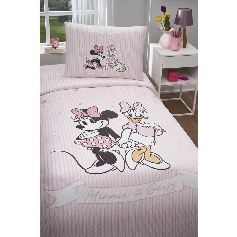 Özdilek Lisanslı Lastikli Çarşaflı Tek Kişilik Çocuk Pike Takımı-Minnie ve Daisy Pembe
