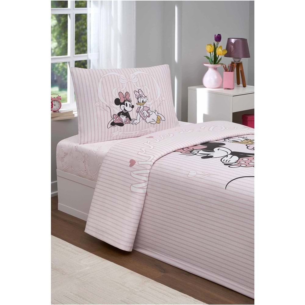 Özdilek Lisanslı Lastikli Çarşaflı Tek Kişilik Çocuk Pike Takımı-Minnie ve Daisy Pembe