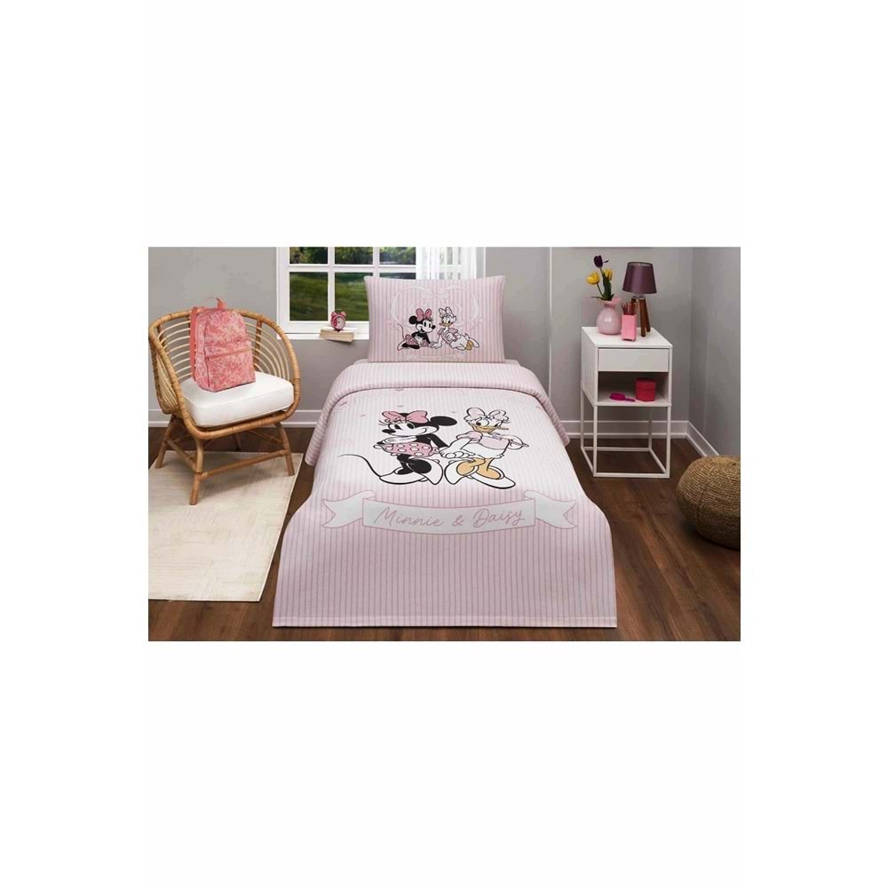 Özdilek Lisanslı Lastikli Çarşaflı Tek Kişilik Çocuk Pike Takımı-Minnie ve Daisy Pembe