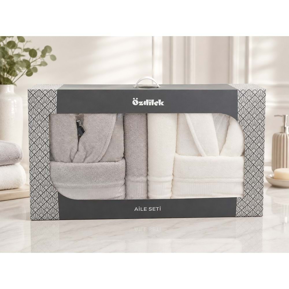Özdilek Büyük Beden -Colourist Gri Krem- Aile Bornoz Seti (Erkek XL Bayan XL)