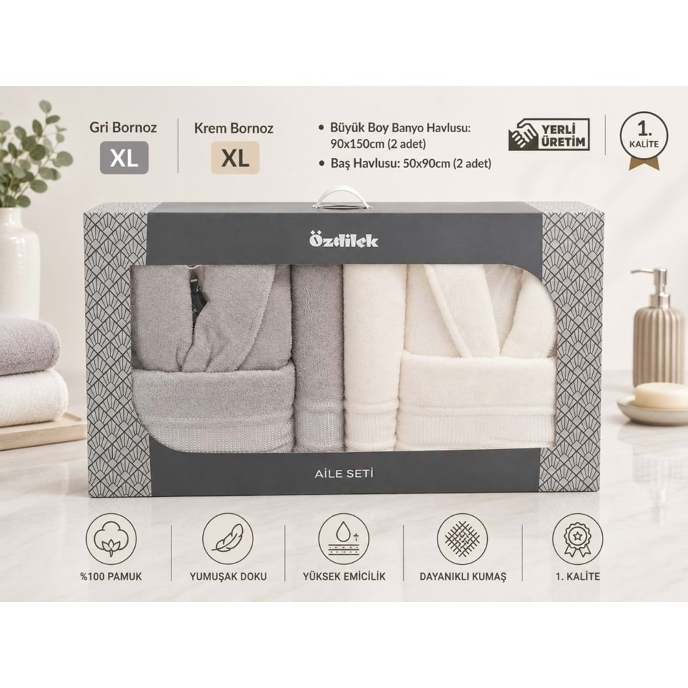 Özdilek Büyük Beden -Colourist Gri Krem- Aile Bornoz Seti (Erkek XL Bayan XL)