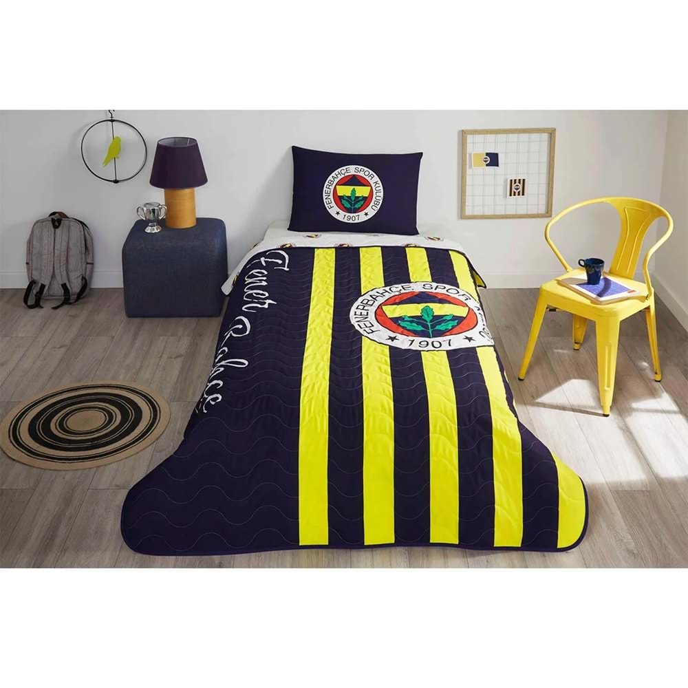Taç Taraftar Lisanslı Pamuklu Tek Kişilik Yatak Örtüsü Seti (160x230)-Fenerbahçe Çubuklu
