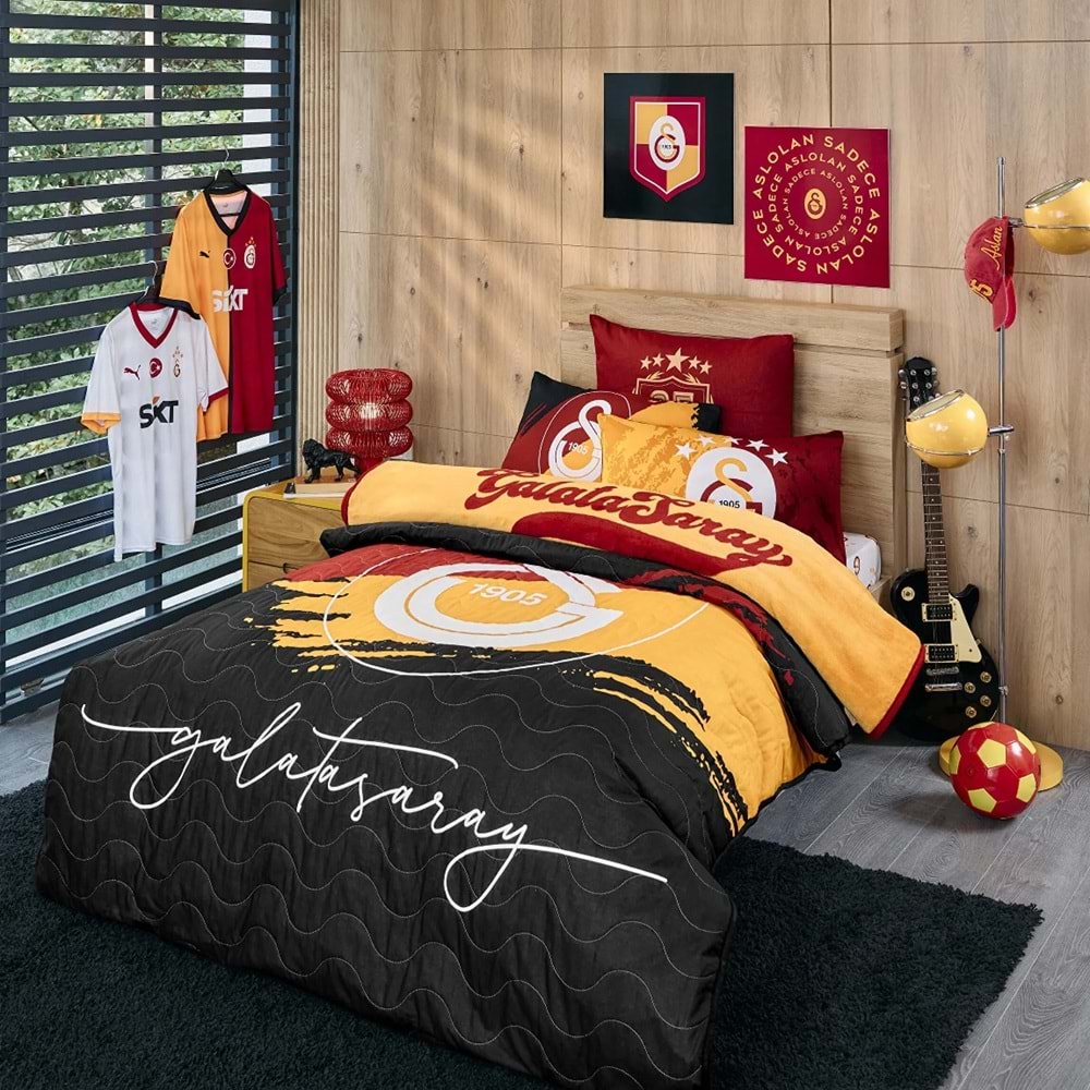 Taç Lisanslı Kapitoneli -Galatasaray Aslan- Lastikli Çarşaflı Tek Kişilik Complete Set