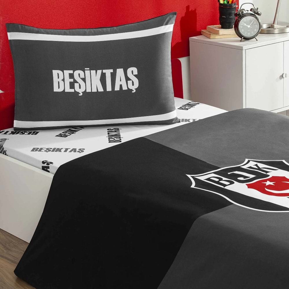 Taç Taraftar Lisanslı Ranforce Çarşafı Lastikli Tek Kişilik Nevresim Takımı-Beşiktaş Efsane (100lük Çarşaf)