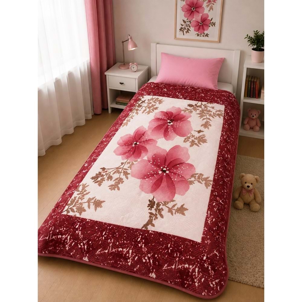 Aksu -Pembe Çiçek- Tek Kişilik Desenli Battaniye (155x215)