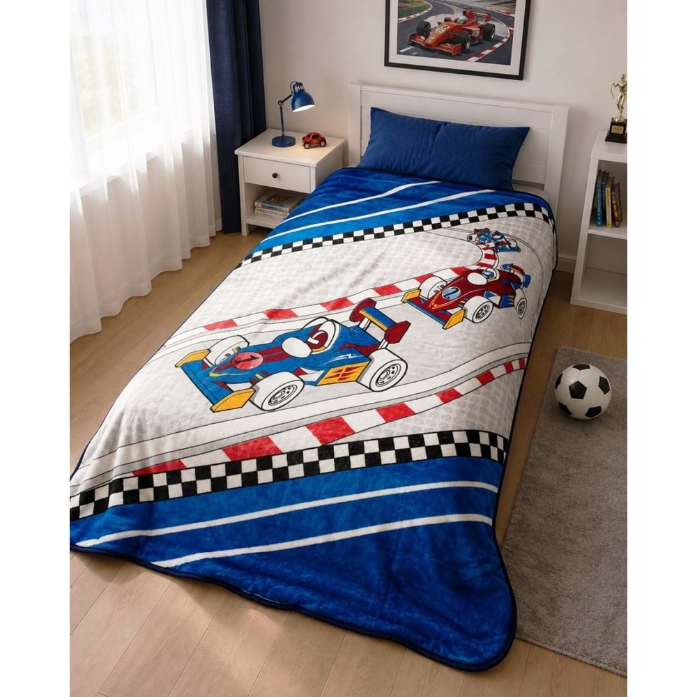 Aksu -Formula Racing Mavi- Tek Kişilik Çocuk Battaniye (155x215)