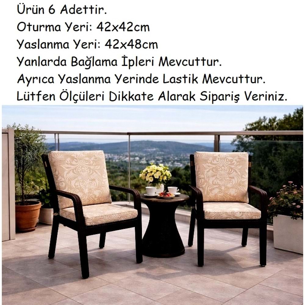 6 Adet Premium Şönil Arkalıklı Sandalye Minderi, Extra Kalın (Kalınlık 4,5cm)-K.Bej Desenli