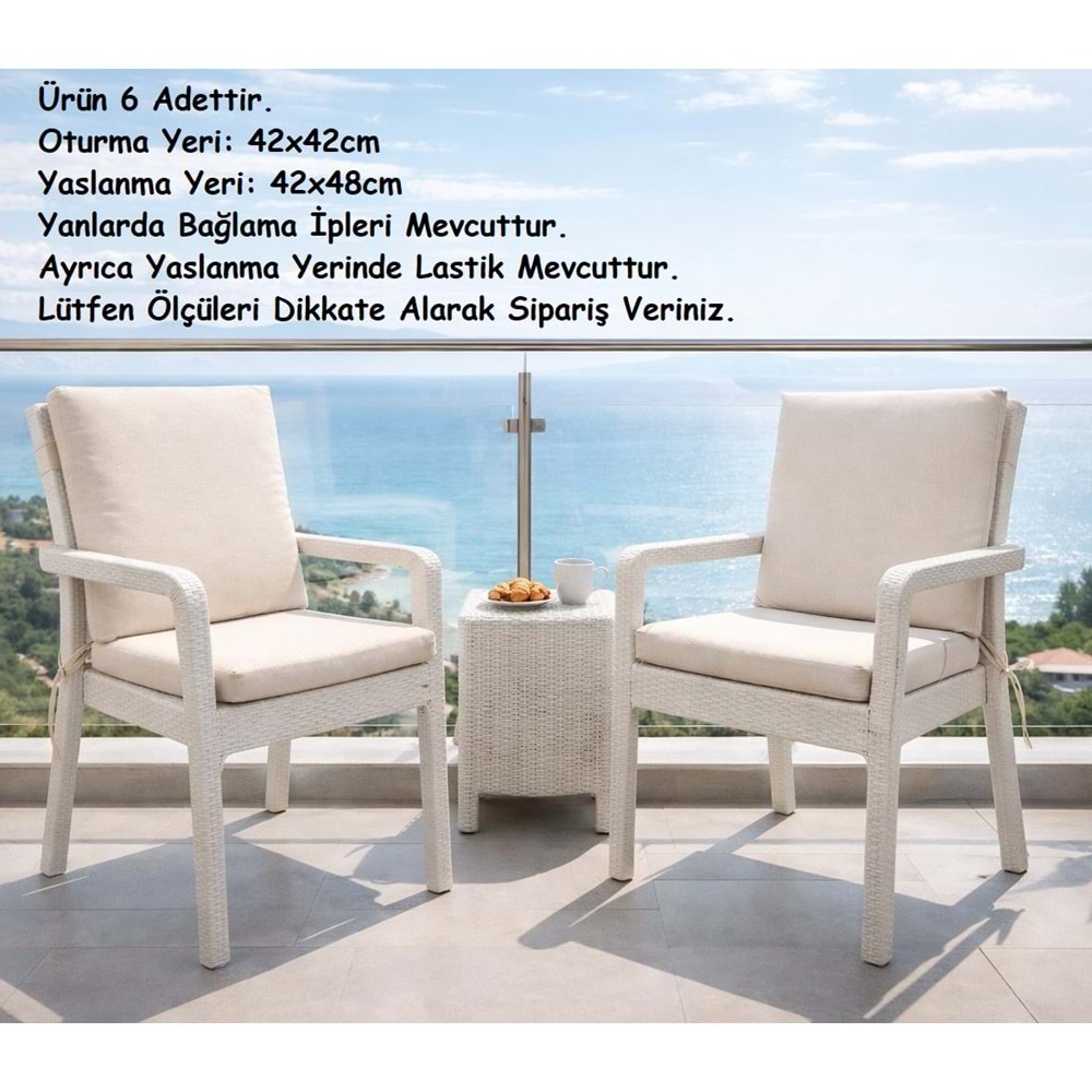 6 Adet Premium Şönil Arkalıklı Sandalye Minderi, Extra Kalın (Kalınlık 4,5cm)-A.Krem