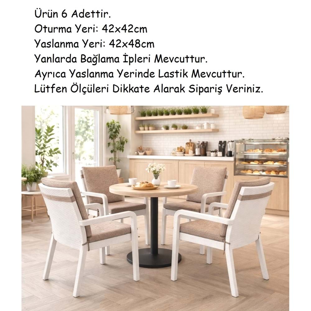6 Adet Premium Şönil Arkalıklı Sandalye Minderi, Extra Kalın (Kalınlık 4,5cm)-Bej Düz