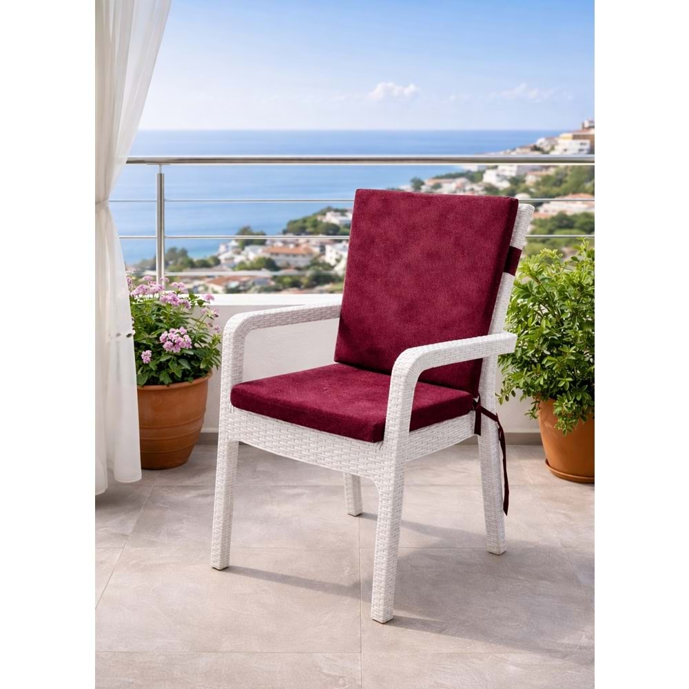 6 Adet Premium Şönil Arkalıklı Sandalye Minderi, Extra Kalın (Kalınlık 4,5cm)-Bordo Düz