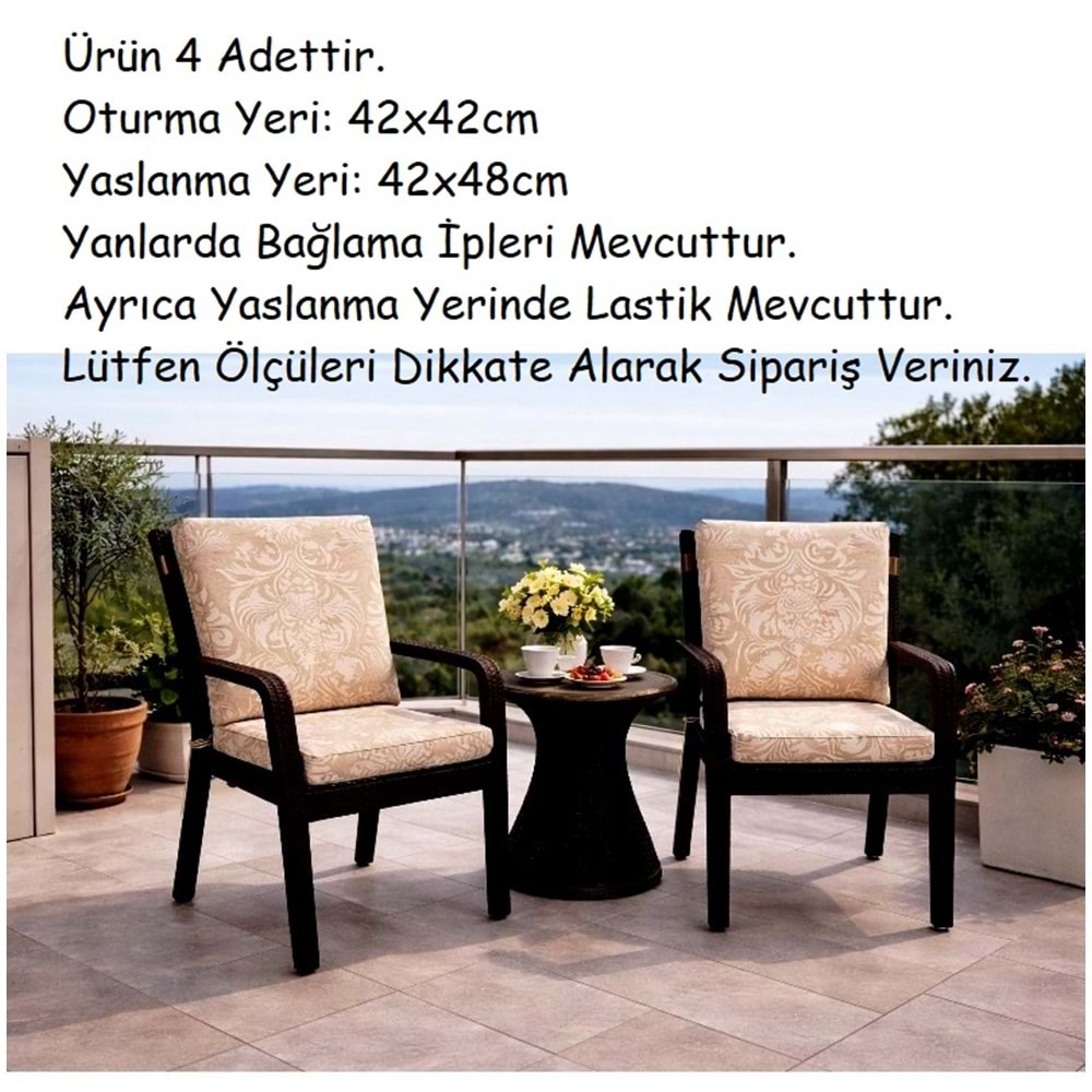 4 Adet Premium Şönil Arkalıklı Sandalye Minderi, Extra Kalın (Kalınlık 4,5cm)-K.Bej Desenli