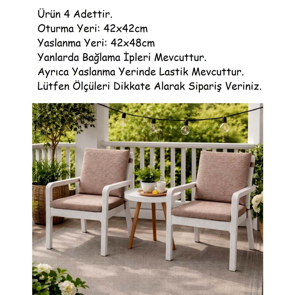 4 Adet Premium Şönil Arkalıklı Sandalye Minderi, Extra Kalın (Kalınlık 4,5cm)-K.Bej Düz