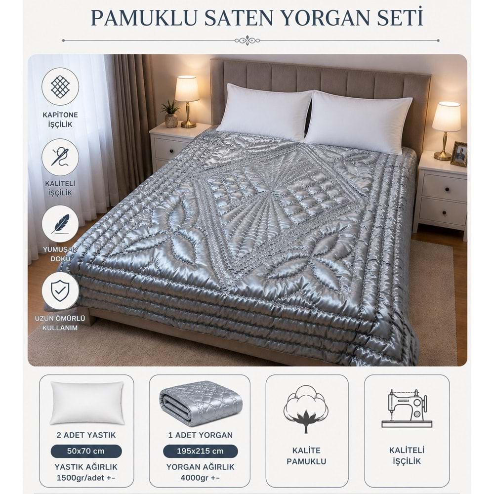 Babaanne Yastık ve Yorgan Seti, El Yapımı Çift Kişilik Pamuklu Yastık ve Yorgan (195x215)-Gri
