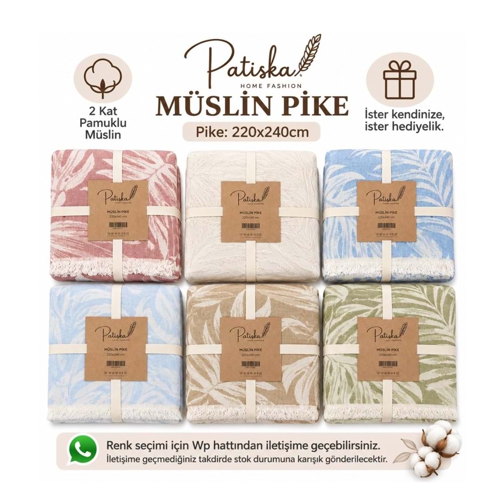 Patiska Müslin Çift Kişilik Yatak Örtüsü, Pike (220x240)-Asorti