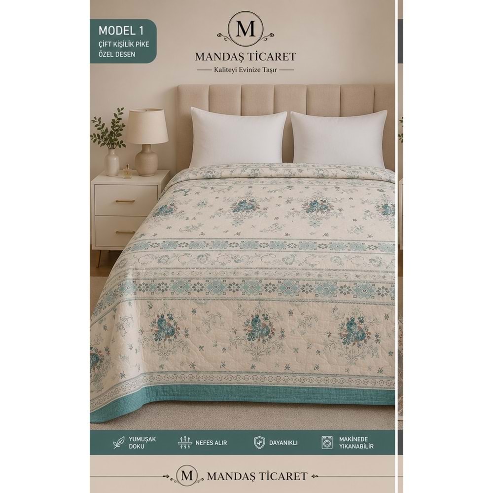 Mandaş Monalya Çok Amaçlı Çantalı Çift Kişilik Pike 190*220CM Kanaviçe turkuaz