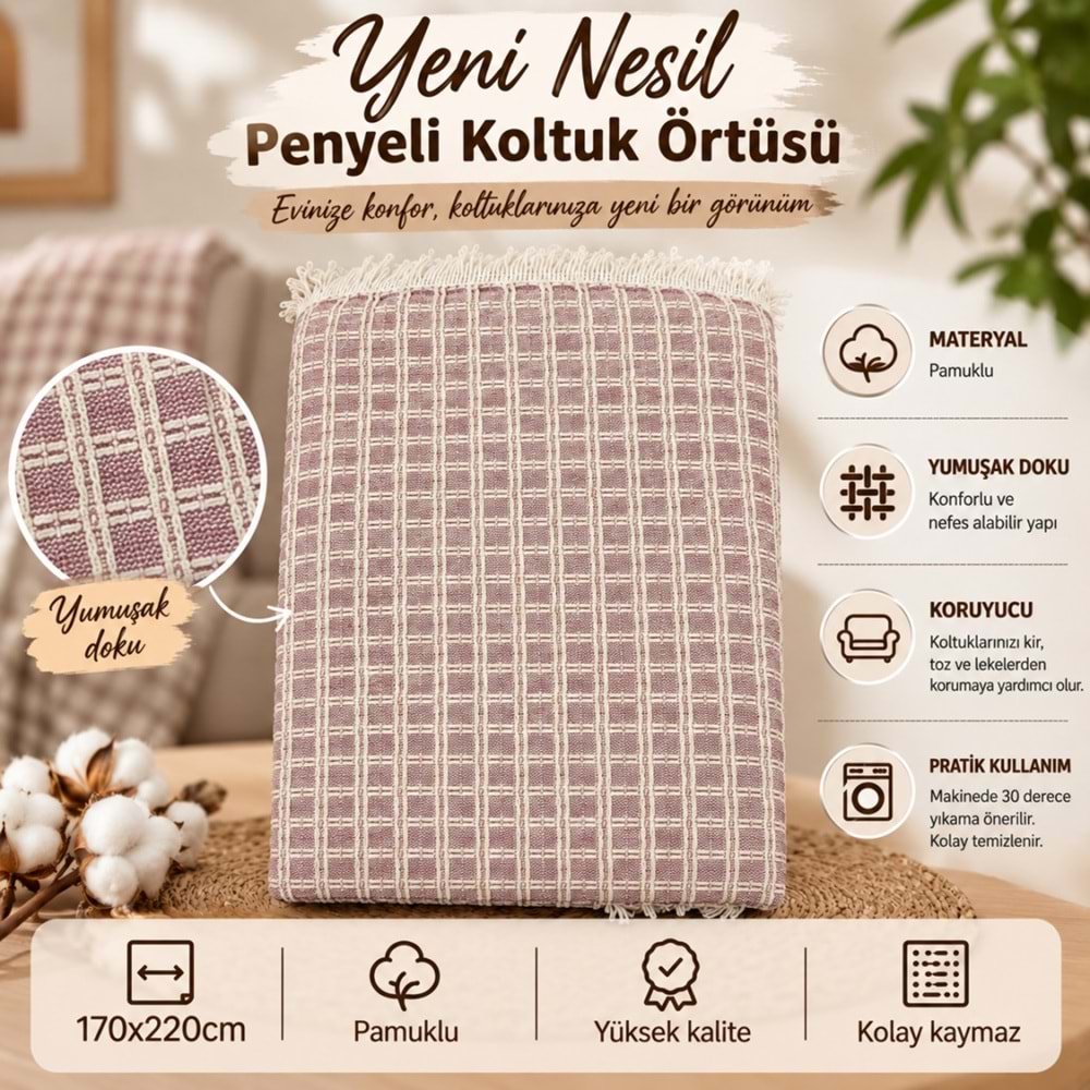 Yeni Nesil Penyeli Buldan Pamuklu Kaymaz Koltuk Örtüsü (170x220) - Bordo